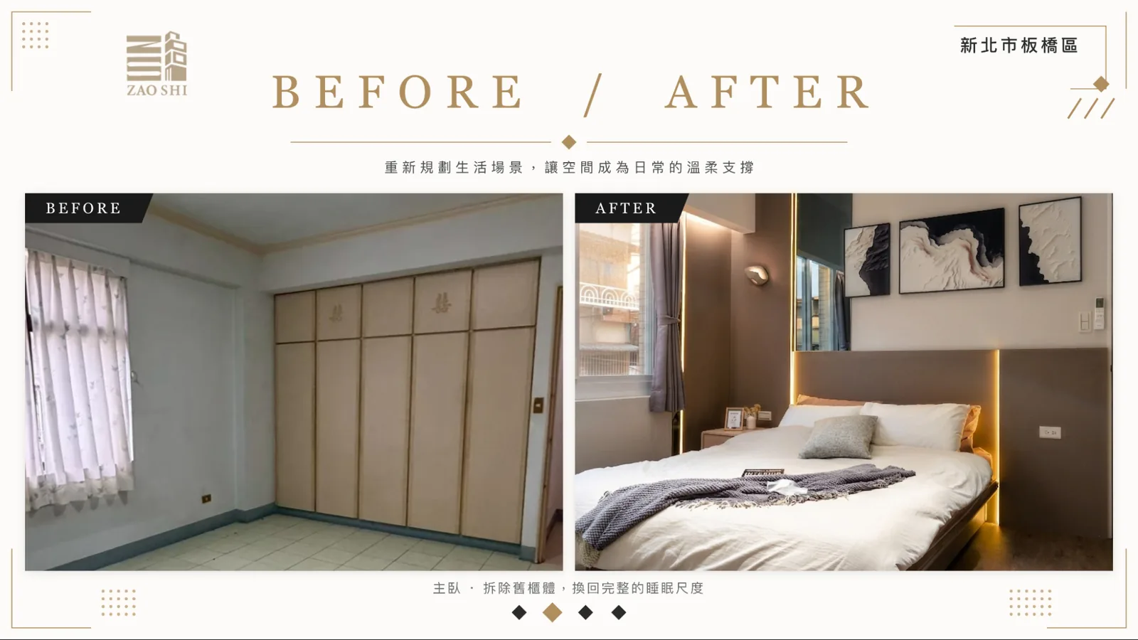造市建設板橋包租代管案例-主臥拆除舊櫃體,翻新前後對比