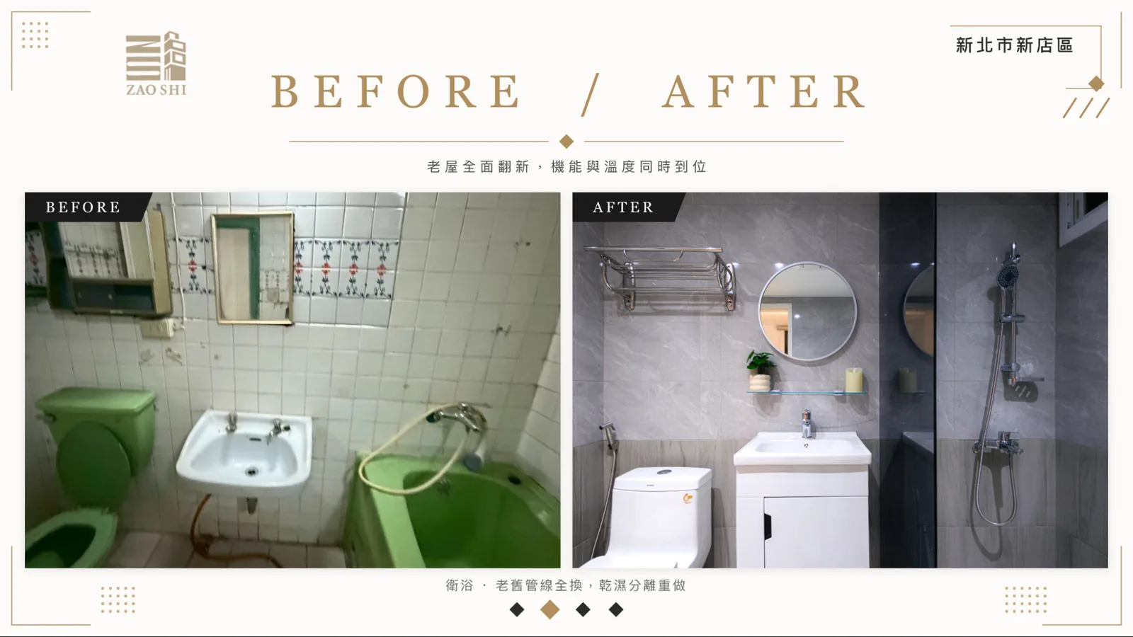 造市建設新店北新路老屋翻新案例-衛浴老舊管線全換、乾濕分離重做
