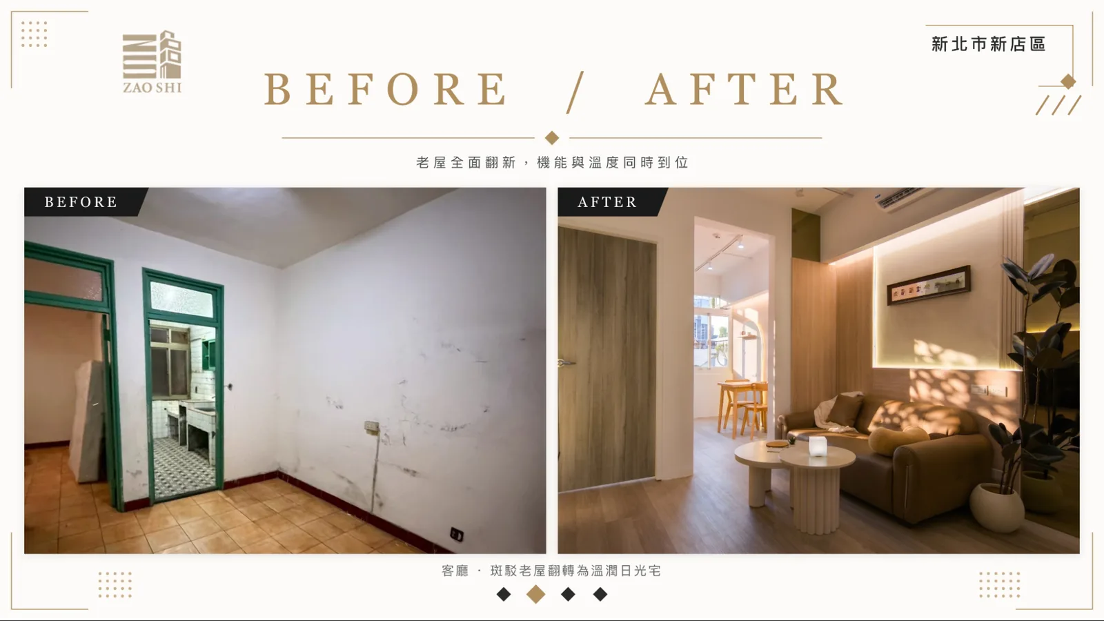 造市建設新店北新路老屋翻新案例-客廳翻新前後對比
