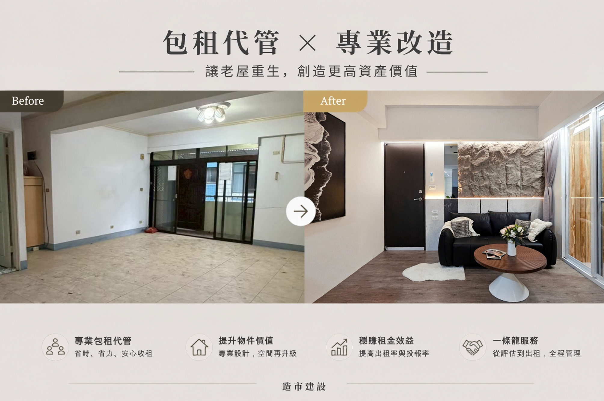 造市包租代管老屋翻新前後對比,翻新前空蕩老舊的客廳,翻新後有石紋牆與沙發的客廳